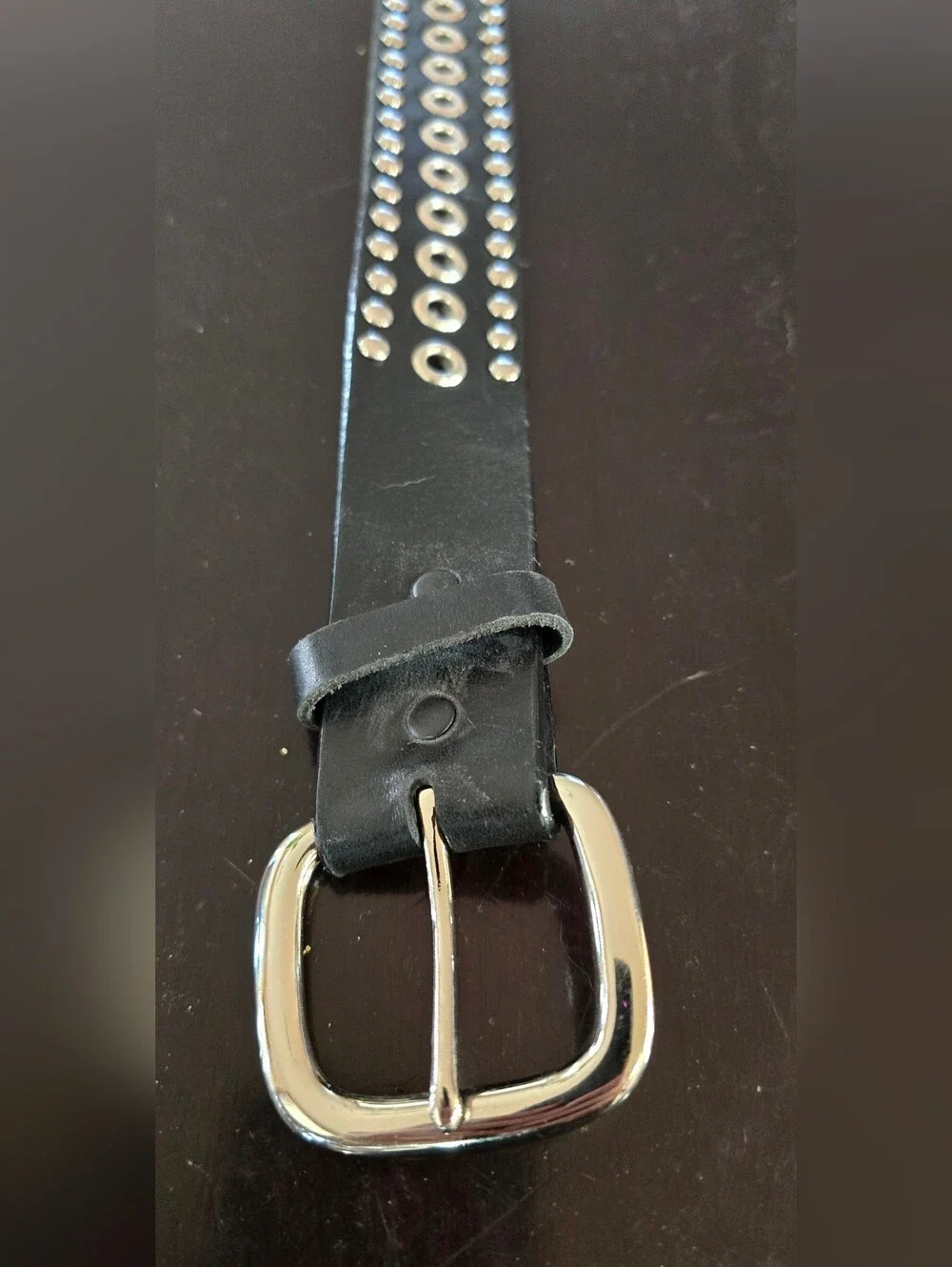 Black Grommet Leather Belt with Silver Buckle - Women